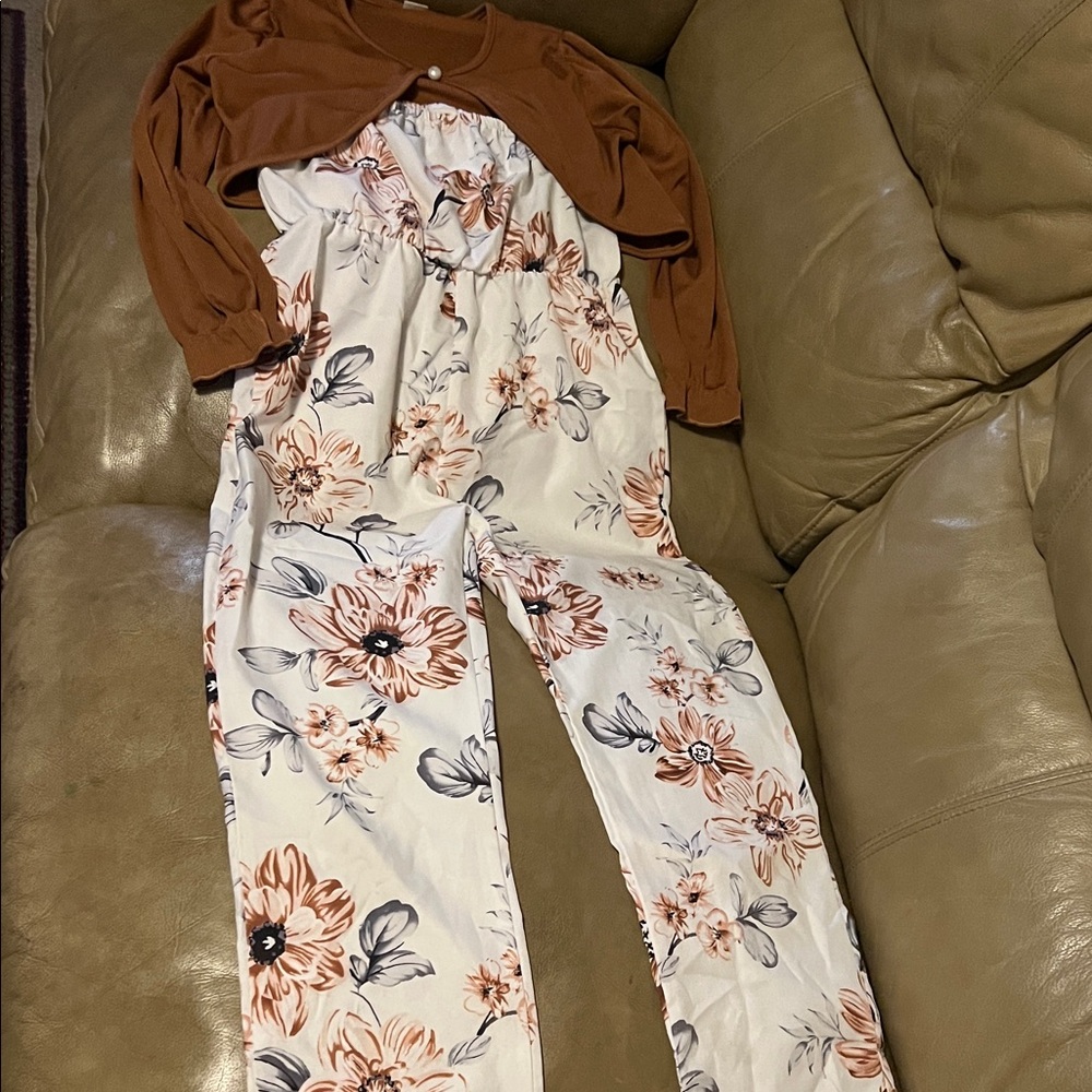 Charming Floral Romper with Rust Cardigan